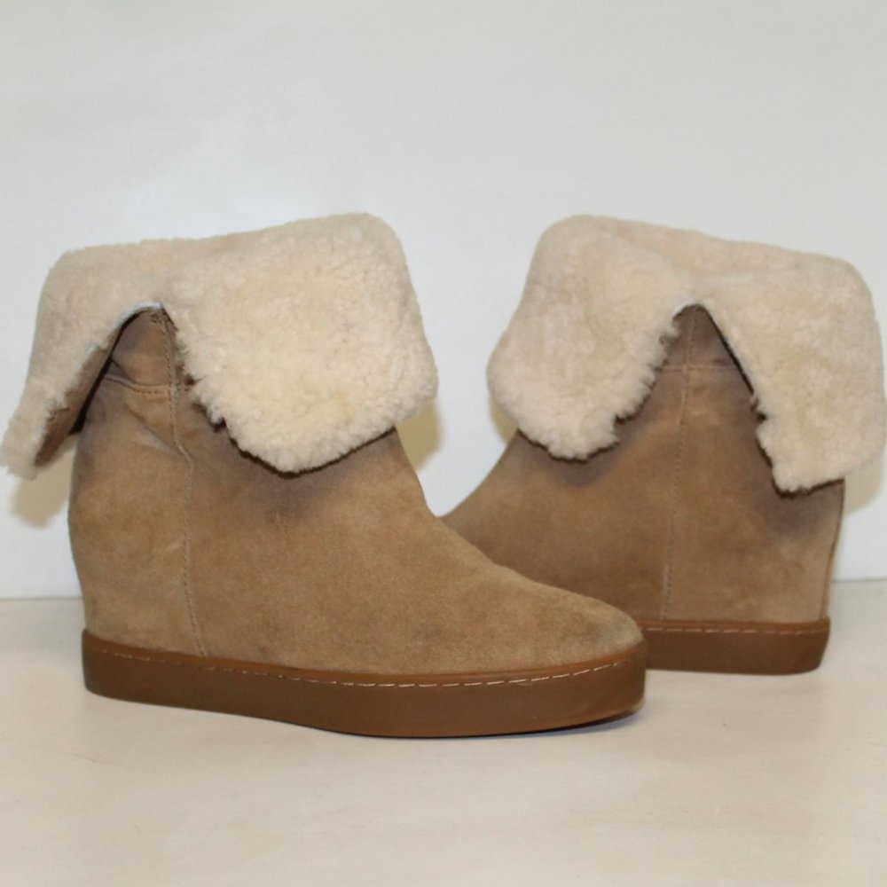 Coach Norell Suede Shearling Fold Over Cuff Hidden Wedge Bootie Boot